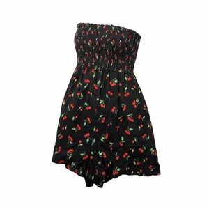 Full Tilt Black Strapless Romper with Cherry Print